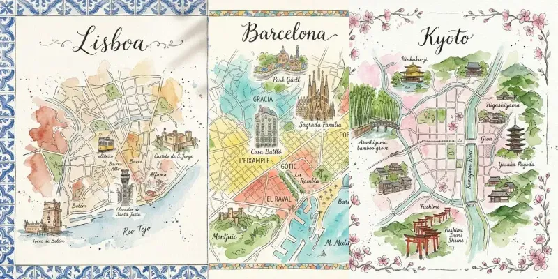 Watercolor Ink Illustrated City Maps