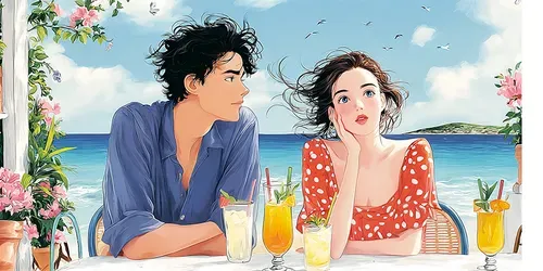Holiday Couple Anime Beach Illustrations generated by midjourney