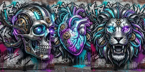 Biomechanical Neon Graffiti Poster Art generated by gemini-image