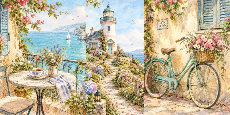 Watercolor Coastal Garden Scenes generated by undefined