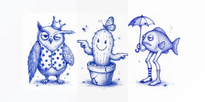 Handdrawn Wobbly Blue Ink Folk Art generated by undefined