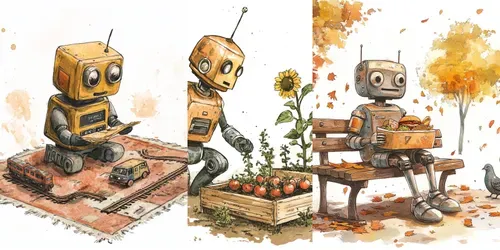 Classic Tin Robot Everyday Life Scenes generated by midjourney