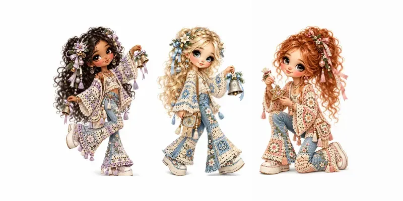 Retro Hippie Christmas Girls Clipart