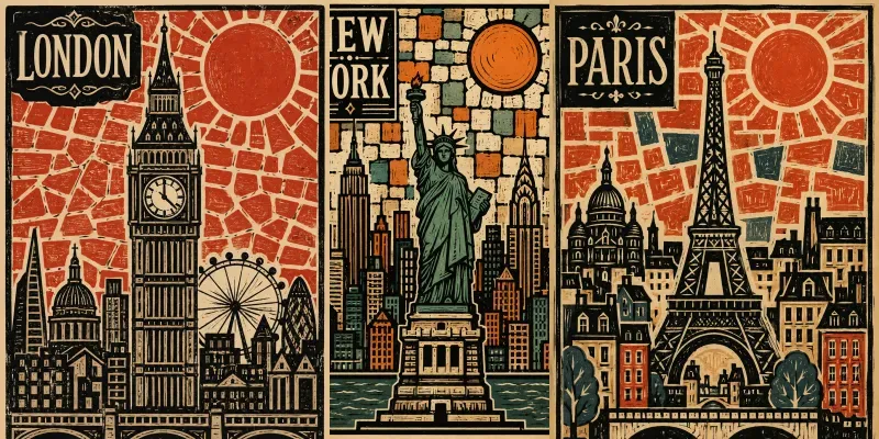 Vintage Linocut City Posters generated by undefined