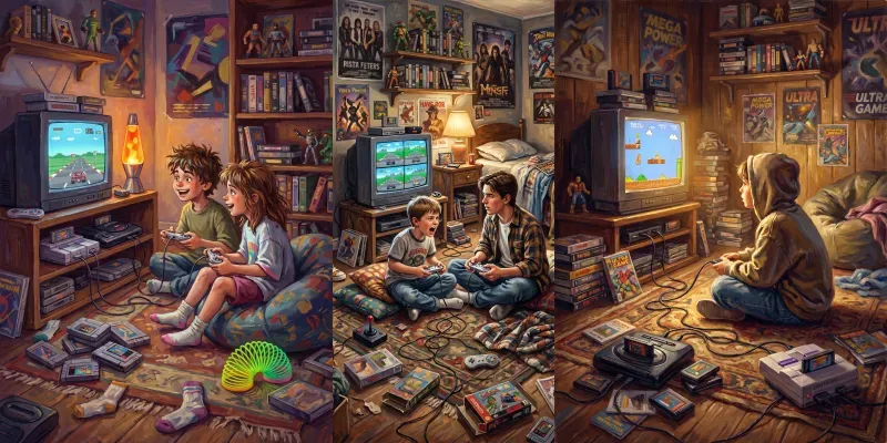 Kids Playing Retro Consoles generated by undefined
