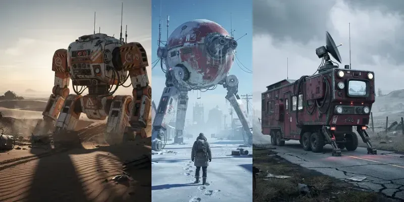 Retro Futuristic Scifi Scenes Giant Mechs generated by undefined