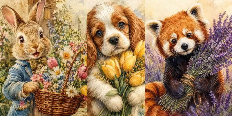 Charming Animal Bouquet Portraits generated by undefined