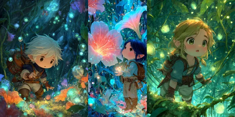 Chibi Elf Explorers In Fantasy Forests generated by undefined