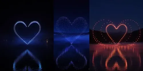 Mesmerizing Heart Drone Lights Over Lakes generated by grok-video