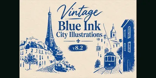 Vintage Blue Ink City Illustrations generated by midjourney