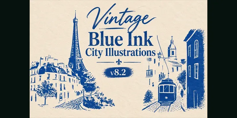 Vintage Blue Ink City Illustrations