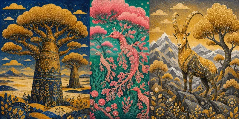 Whimsical Pointillist Folk Art Landscapes generated by undefined