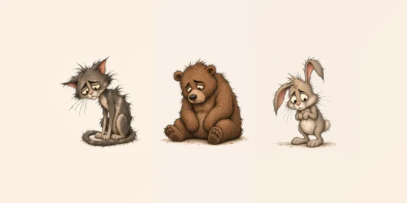 Scruffy Sad Cartoon Animals generated by undefined