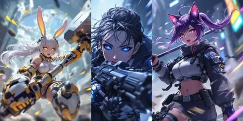 Cyberpunk Anime Girls With Dynamic Poses generated by flux