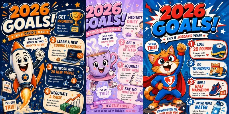 Fun Cartoon New Year Goals Posters generated by undefined