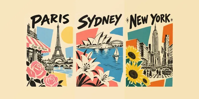 Retro Sketch And Floral City Posters
