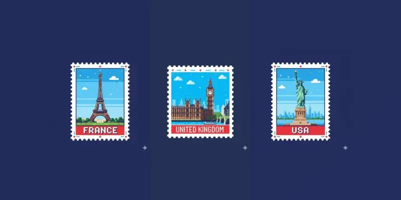 Retro Pixel Art Travel Postage Stamps generated by undefined