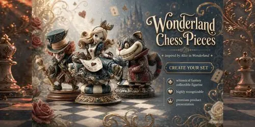 Wonderland Chess Pieces generated by midjourney