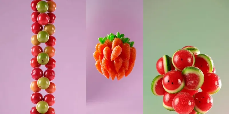 Cinematic Macro Candy Fruit Drop Bursts generated by undefined