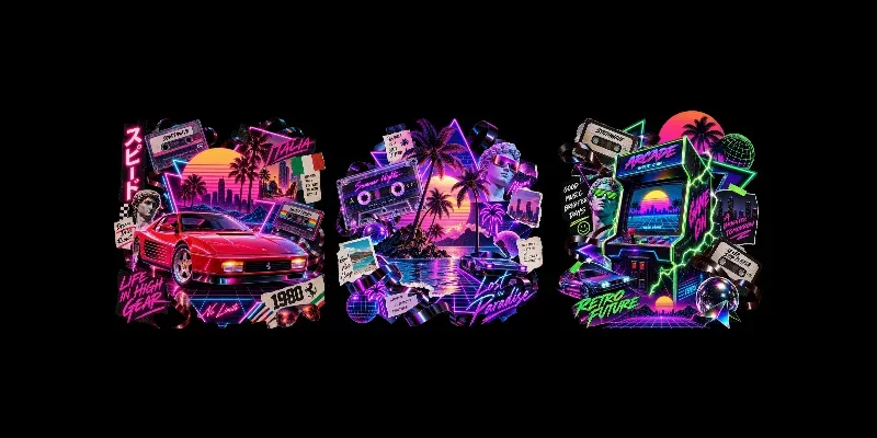 Neon 80s Synthwave Cassette Cliparts Art