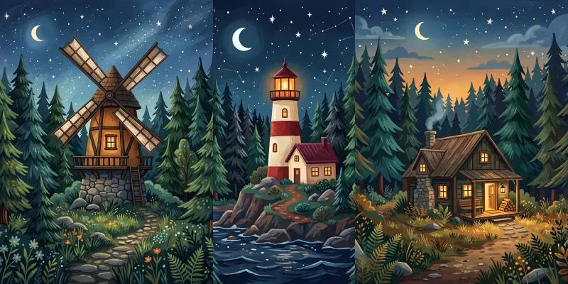 Cozy Pine Forest Cabin Gouache Art generated by undefined