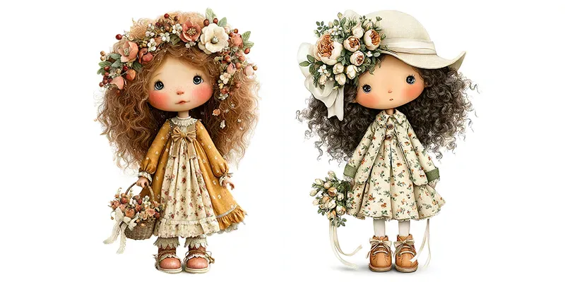 Whimsical Cottagecore Girl Doll Cliparts generated by undefined