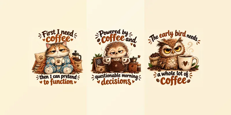 Cute Coffee Animal Quote Illustrations