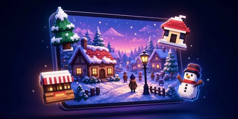 Cozy Pixel Winter Village Builder Game