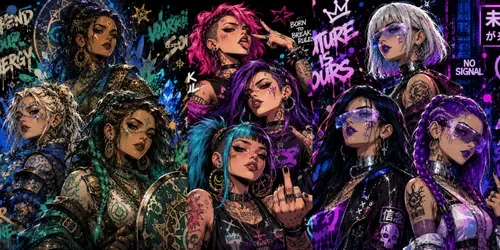 Neon Rebel Trio Bold Tattooed Street generated by 