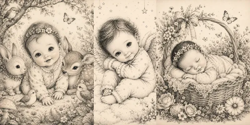Whimsical Ink Pencil Baby Portraits generated by undefined
