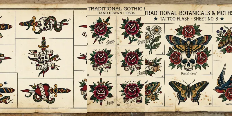 Vintage Tattoo Flash Sheet Art generated by undefined