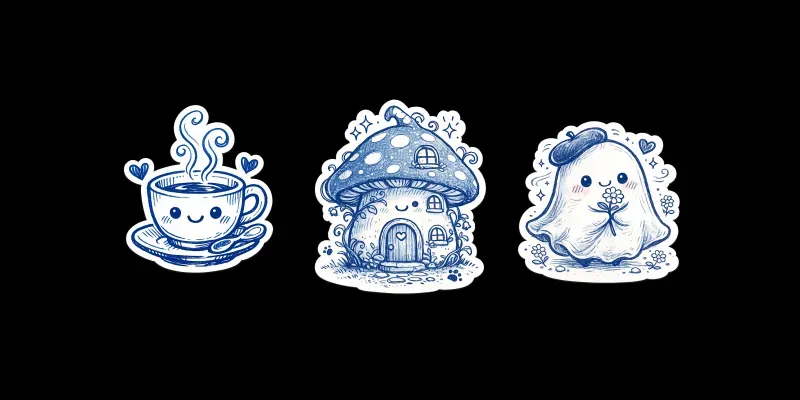 Charming Blue Ink Sticker Illustrations generated by undefined