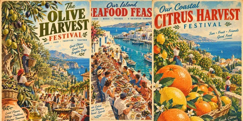 Retro Mediterranean Food Travel Posters generated by undefined