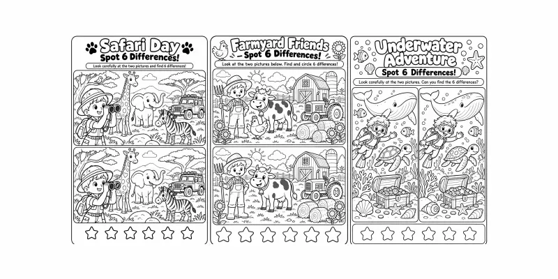 Kids Spotthedifference Activity Sheets