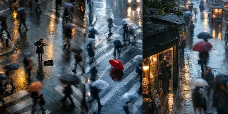 Rainy Crowd Cinematic Solitude Descriptions generated by undefined