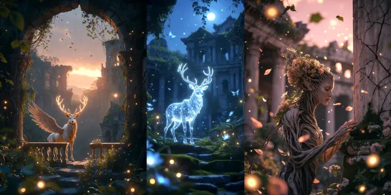 Mystical Creatures In Overgrown Ruins generated by undefined