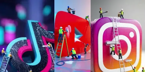 Tiny Workers Wash Giant Logos generated by sora