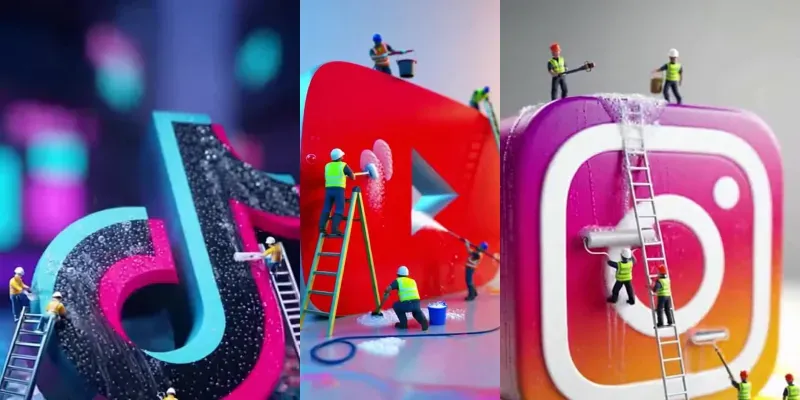 Tiny Workers Wash Giant Logos generated by undefined