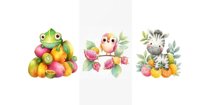 Cute Jungle Animal Fruit Watercolors generated by undefined