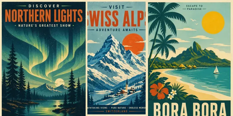 Retro Screen Print Travel Poster Designs generated by undefined