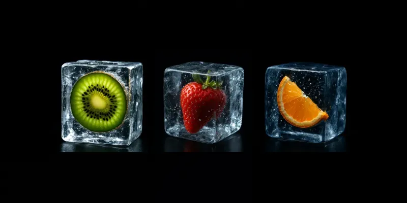 Frozen Fruits Inside Clear Ice Blocks generated by undefined
