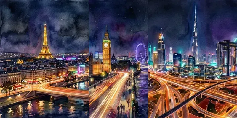 Atmospheric Night City Watercolor Panos generated by undefined
