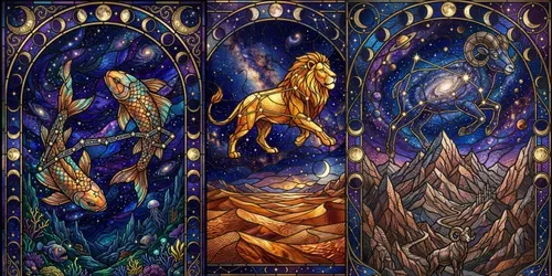 Zodiac Stained Glass Landscape Pod Art generated by gemini-image