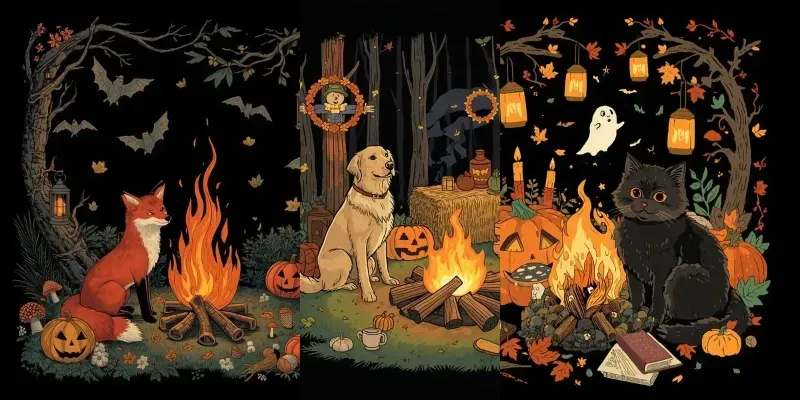Vintage Halloween Campfire Pets
