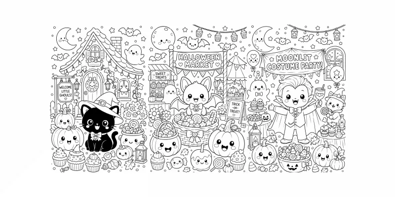 Kawaii Halloween Coloring Line Art generated by undefined