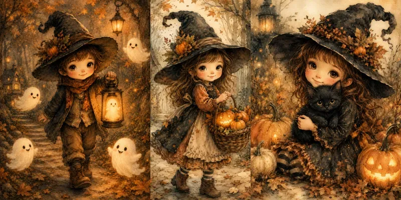 Vintage Halloween Storybook Ephemera generated by undefined
