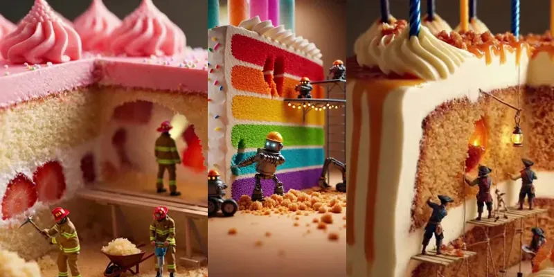 Tiny Workers Excavating Birthday Cakes generated by undefined