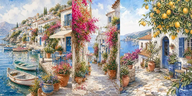 Dreamy Mediterranean Watercolor Villages generated by undefined