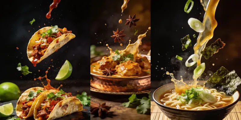 Cinematic Floating Exotic Foods generated by undefined