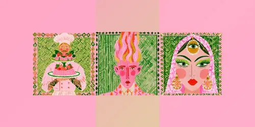 Pink Green Folk Illustrations generated by midjourney